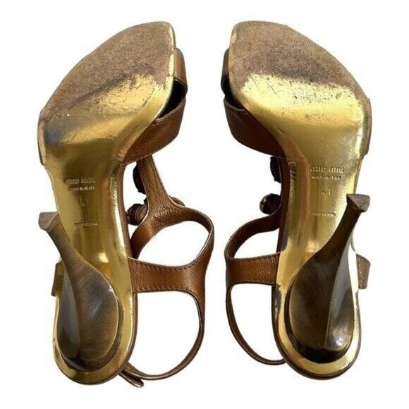 Miu Miu T-Strap Heels Bronze Metallic Jeweled Sandals 41 US 11 Sling Back Party - Picture 4 of 11